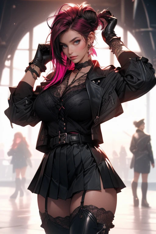 a woman with short black hair, cabelo nos ombros, black, wearing a black cropped and plaid skirt, purple eyes, gothic art, cute aesthetic with vibrancy, cartoon aesthetic, wearing black costume, using gothic accessories, looks like Cassie Hack, trunk, holding a skull in his hand, horror background
