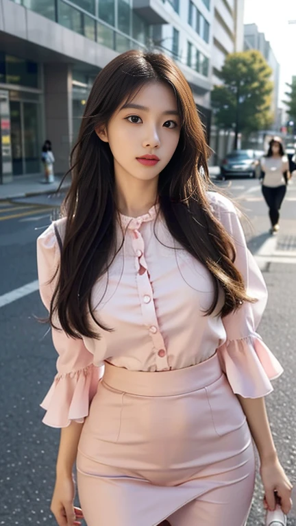 There is a woman standing on the street with a large bouquet of flowers, Korean Girl, Gorgeous young Korean woman, Beautiful young Korean woman, beautiful Korean women, Korean Woman, korean female fashion model, Beautiful Asian Girl, Young Asian Girl, Asian girl with long hair, Young Asian Woman, Beautiful Asian Woman, Asian Girl, a young asian woman, Beautiful young asian woman、a backdrop of=tree-lined street、 --auto