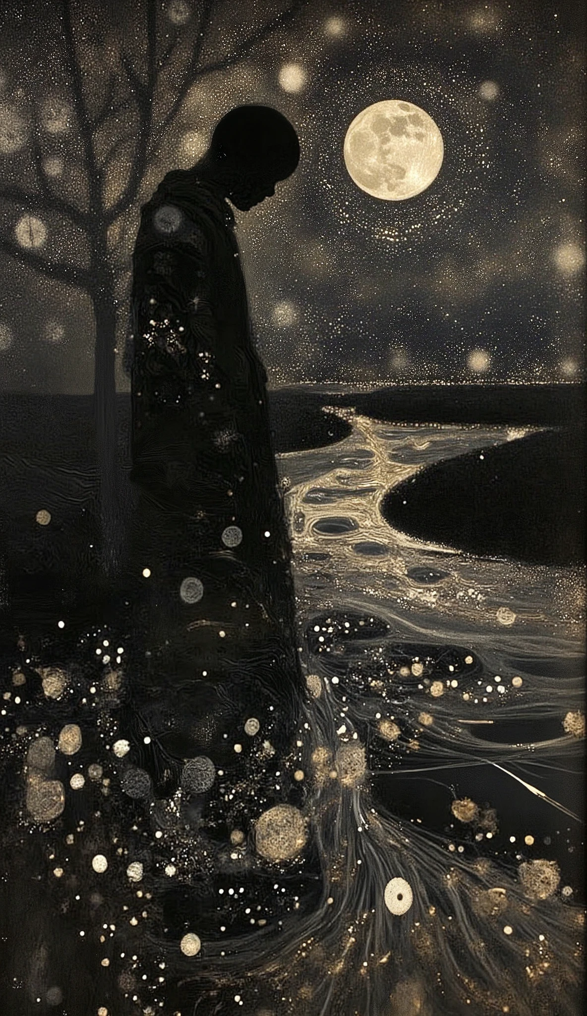 A poetic, dark painting of a lone figure standing beneath a vast, starless sky, their silhouette dissolving into the surrounding shadows like ink bleeding into water. A faint silver glow lingers at their fingertips, as if holding onto the last trace of something once cherished. In the distance, a river of liquid darkness flows endlessly, carrying fragments of forgotten dreams—faint reflections of faces, hands, and unspoken words flickering across its surface before vanishing. The wind moves like whispered poetry, shaping the swirling mist into fleeting symbols of love and loss. The color palette is deep black, charcoal gray, and muted silver, creating an atmosphere that is melancholic yet profoundly beautiful—like a memory suspended in time, just before it fades.