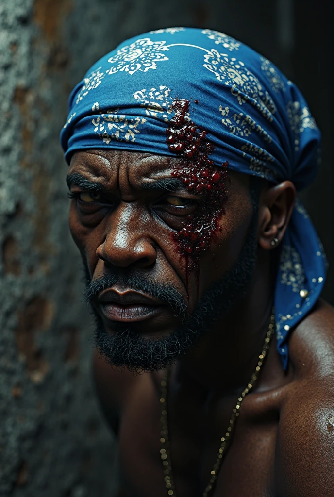create a super realistic image of a black man from the quilombo slave whipped and chained with a scar oozing blood and with a facial expression of pain and who wants to be freed from slavery in the bottom corner of the image put a signature " Padeiro.JR"