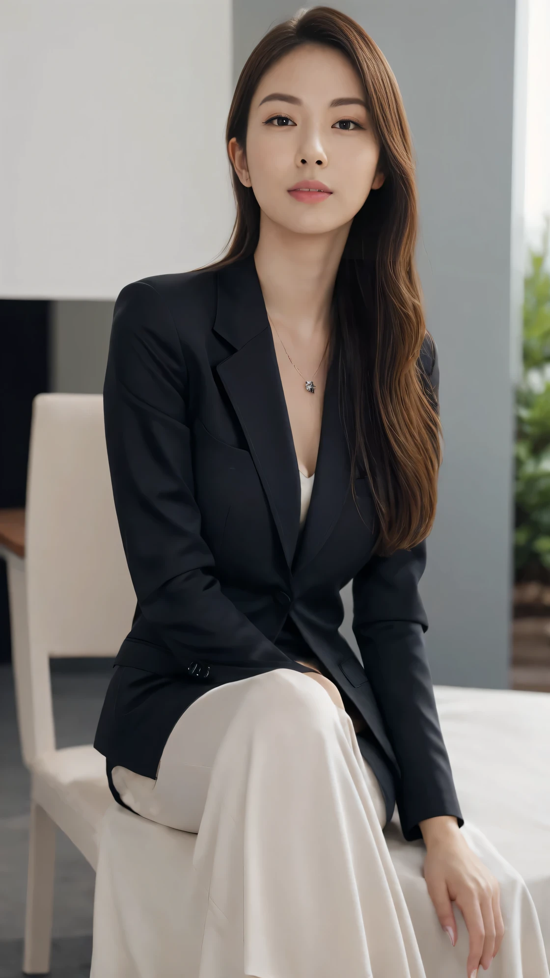 table top, top quality, shape, very detailed, details, high definition, 8k Wallpaper, perfect dynamic composition, beautiful attention to detail, business suit,short hair,natural-colored lips without getting wet, sit on a chair with a slight view of the pants you're not wearing and cross your legs,smile、2 girls,red eyeshadow,wearing black tights,
