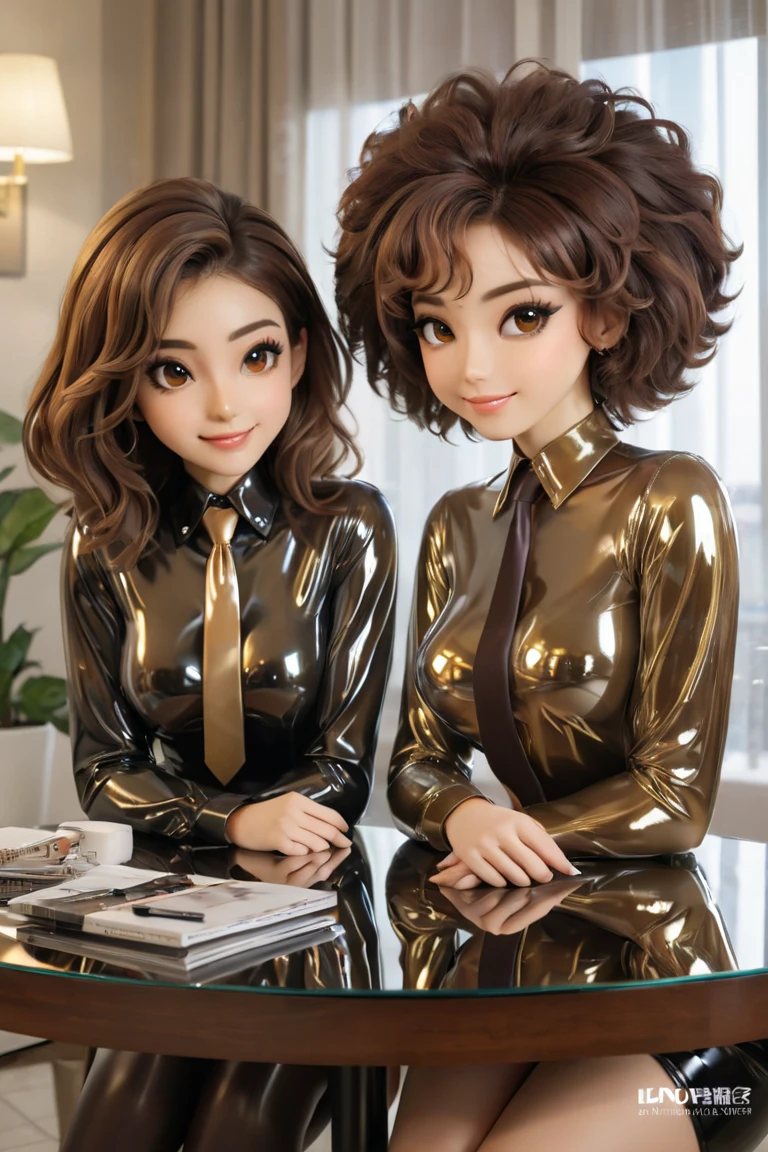   2 girls in extremely tight , shiny transparent latex blouses buttoned, Are two girls in the apartment buttoned at the table , afro,  brown hair ,   reflection  ,   reflecting light,  high resolution ,  masterpiece , necktie,   very strong shiny skin ,   very strong makeup, smile, Breasts , 