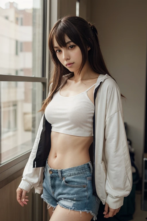 a girl, Thick belly button hoodie, long sleeve, (bare midriff, exposed navel), sexy abs, navel open,completely exposed abdomen, Low-rise hot pants,Exposing the entire abdomen,Mermaid Line, groin,metal belt, summer street, cinematic lighting, ray tracing, Fujicolor, anaglyph, cowboy shot, high detail, Verism, UHD, masterpiece, anatomically correct, textured skin, super detail, high details, award winning, best quality, 4K,Looking at the camera,Smile