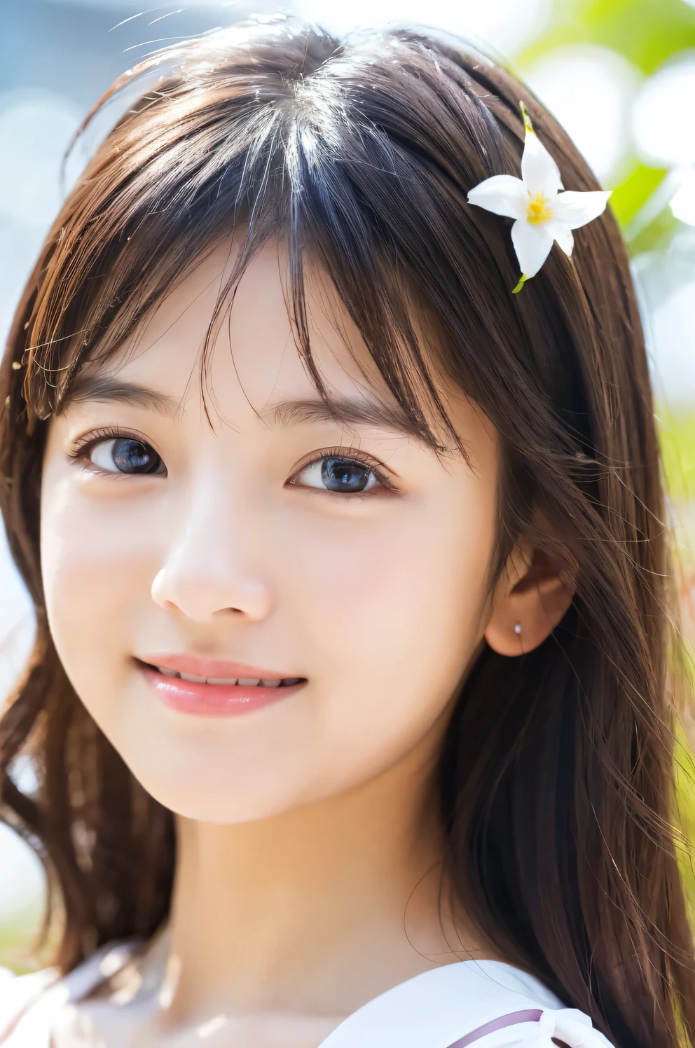 highest quality, High resolution, realistic pictures, detailed skin texture, (Cute 10 year old Japanese girl wearing a short white camisole), (flat chest:1.5), towards the camera, slim body shape, Fair skin, view audience, focus on face, (close up of face:1.2), long straight hair, In the park with cherry blossoms falling, smile showing teeth, (loli:1.2)