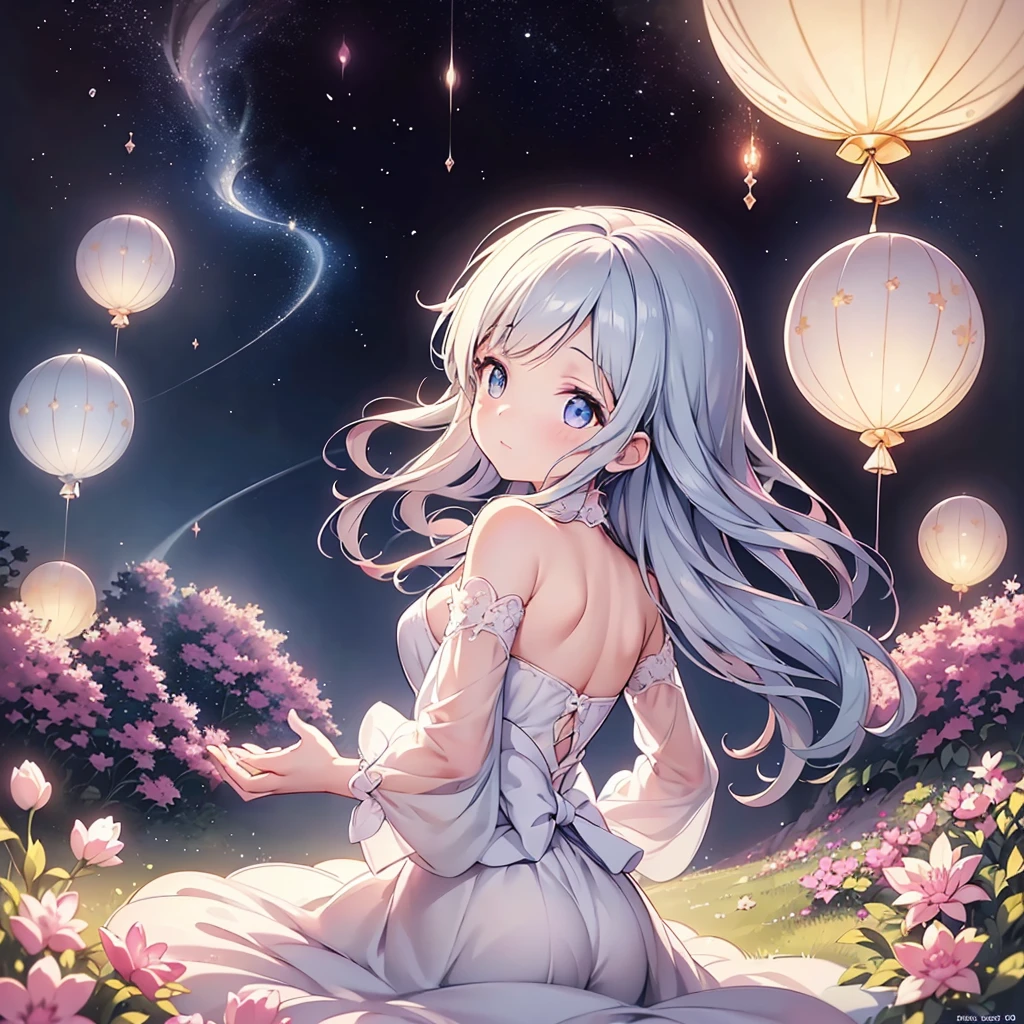 A chibi child girl had a small face and Wearing white little Taoist priest's outfit. A pair of big round eyes shone with curiosity about him. This child was so cute, Stroll among the purple lavender fields , There are some floating clouds.
her hair is black with two buns on her hair.small chibi, chibi baby, smiling ,Chibi.