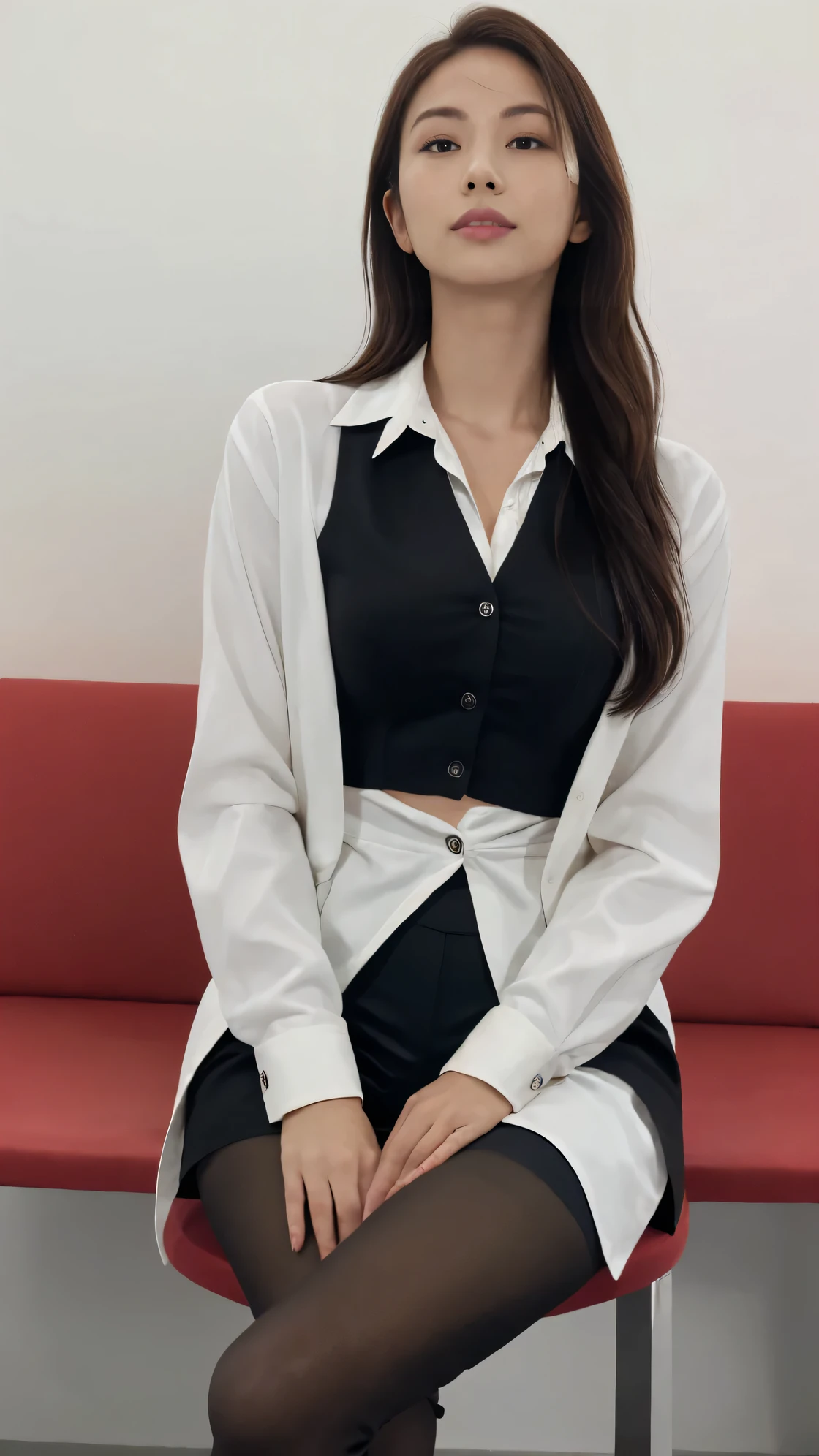 There was a woman in a skirt and a white shirt posing, thighhighs and skirt, wearing dresses, pale milky white porcelain skin, wearing skirt and high socks, pretty face with arms and legs, extremely pale, legs visible, leg and thigh shot, wearing white skirt, transparent gray skirts, wearing honey - themed miniskirt, thigh close-up