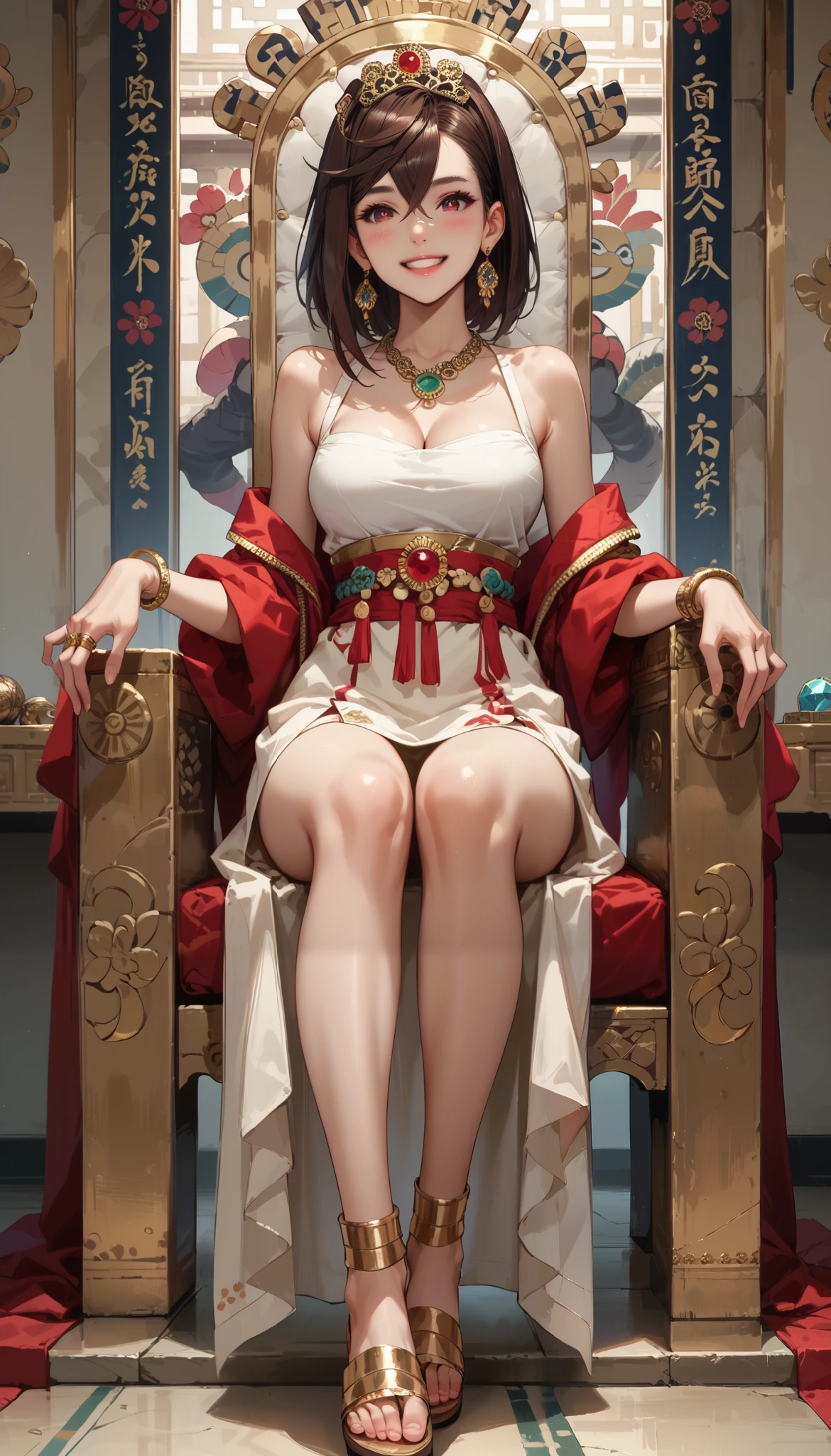 female empress, white chinese dresses, wuxia outfit, throne, (hand glove, necklace, robe, panty hose), mature aura, beautiful pupil detailed, best anime 16k wallpaper quality, masterpieces, original character, ultra sharp, HD, cinematic lighting, shiny effect, perfect body shape, bare shoulder