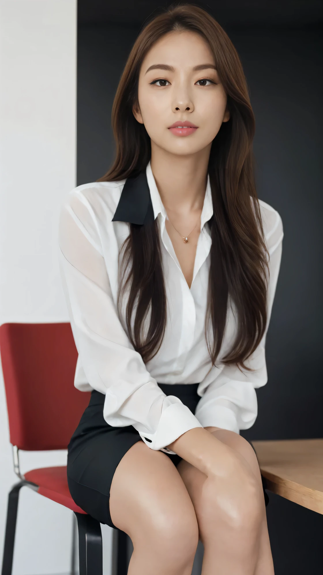 table top, top quality, shape, very detailed, details, high definition, 8k Wallpaper, perfect dynamic composition, beautiful attention to detail, business suit,short hair,natural-colored lips without getting wet, sit on a chair with a slight view of the pants you're not wearing and cross your legs,smile、One of the women,red eyeshadow,wearing black tights,miniskirt