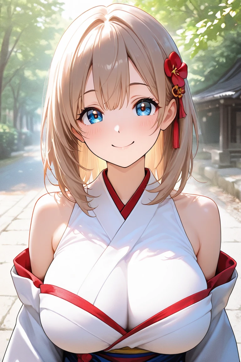 Very detailed CG Unity 8K wallpaper, Cute One Girl, Mature blonde girl, half updo,beautiful Girl, hot , pale skin (Super masterpiece, Beautiful person, well detailed face polluted smile, flat chest is hidden by kimono、Photorealistic, hyper realisitic), Colorful winter kimono in gold and white colors 、has white fur、 Japanese Style Hair Accessories、smile,Upper body 、Japanese background with pink flowers and snow,(show off nipples:1.6), (exposing bare breasts:1.3), (exposed chest:1.3), (no bra:1.3),