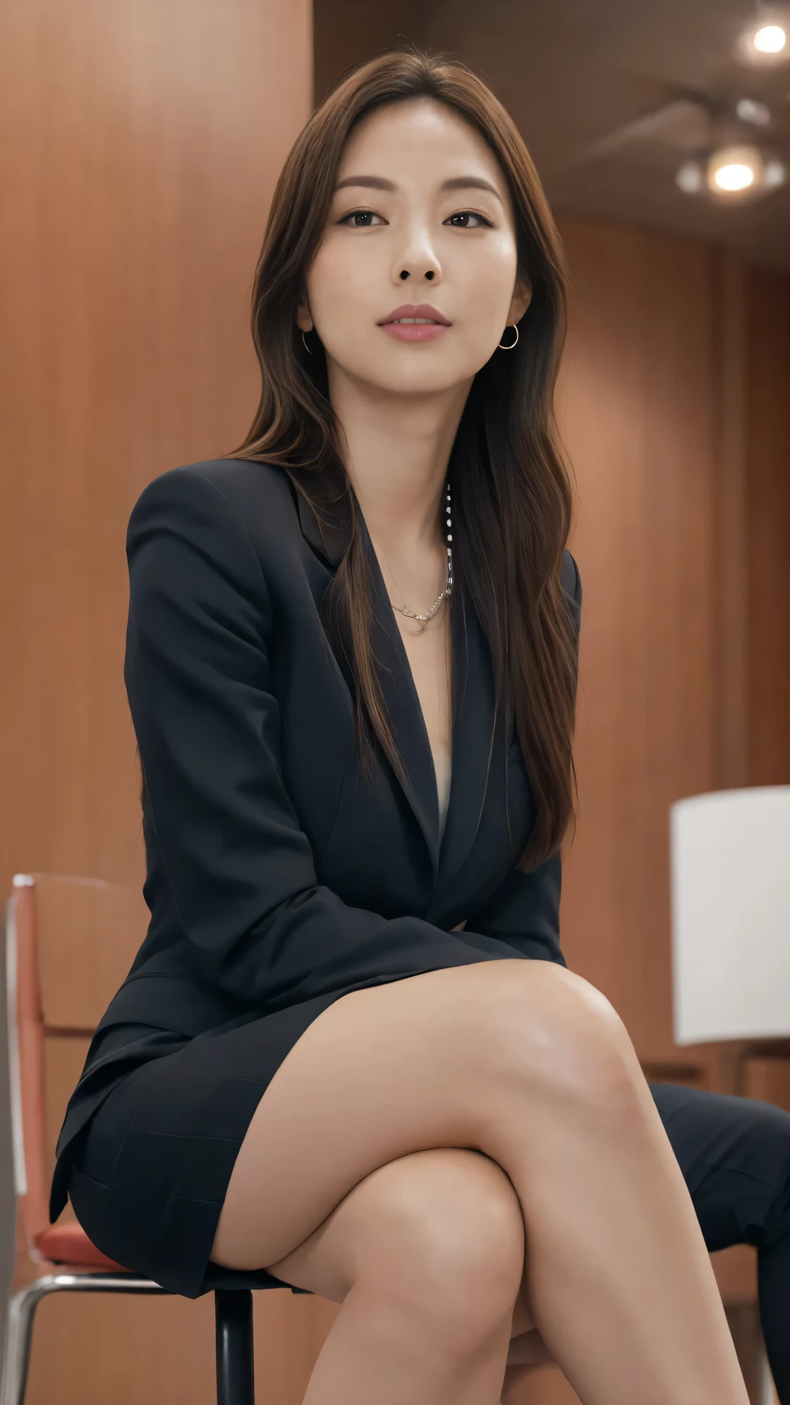 table top, top quality, shape, very detailed, details, high definition, 8k Wallpaper, perfect dynamic composition, beautiful attention to detail, business suit,short hair,natural-colored lips without getting wet, face sitting on a chair and crossing legs ,smile、2 girls,red eyeshadow,wearing black tights,Slit skirt