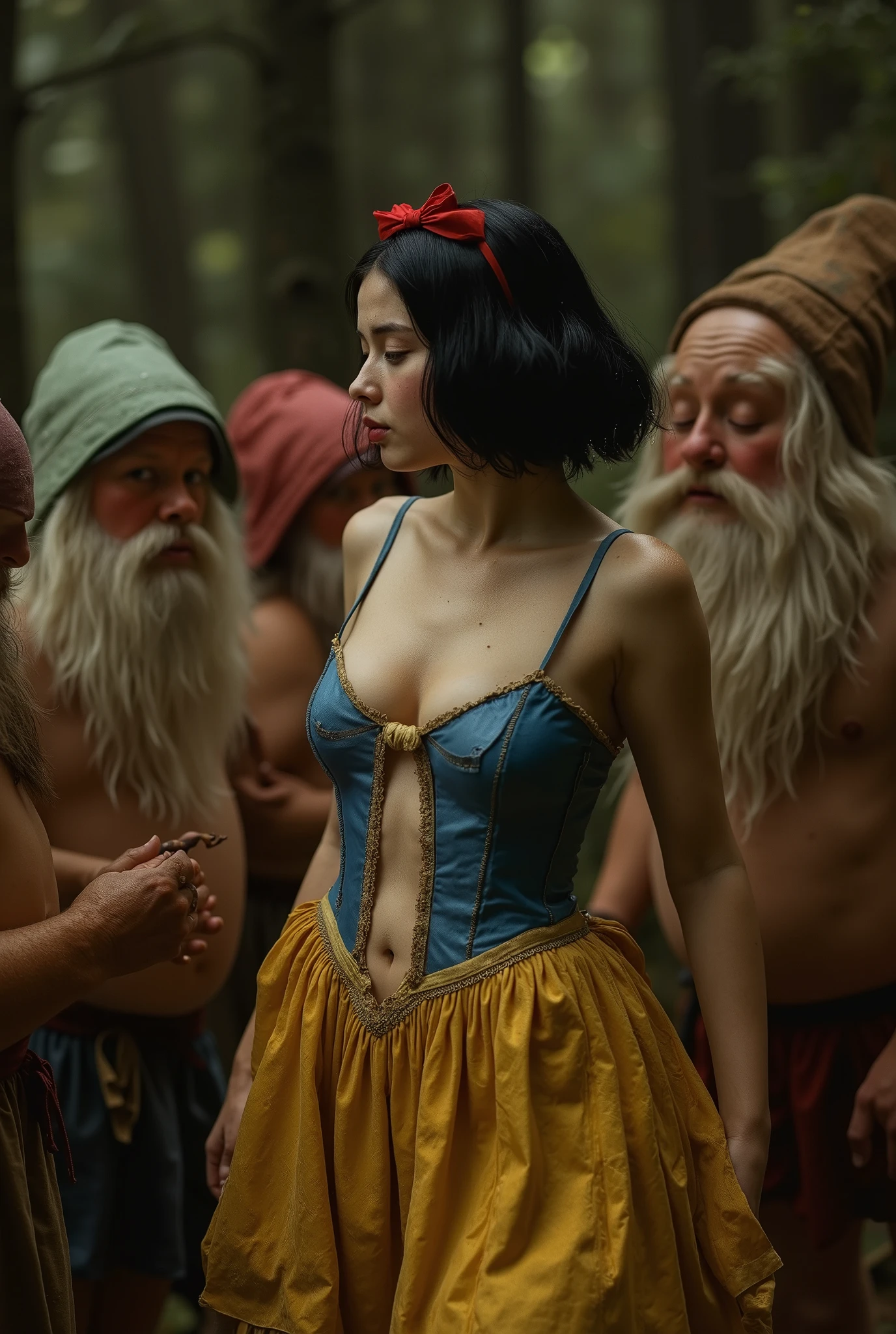 ((NSFW)),
rmbt,
18th century,
1girl, 7guys,
young Snow White, Snow White being gang-raped by the seven dwarfs,
Everyone says that Snow White is promiscuous,
she is Short bob black hair with red head ribbon,
she is snow white skin,
she wearing blue bodice and yellow mini skirt,
Her dress is worn and dirty,
She lets men show her ,
She opens her bodice to show the men her breasts,
The men laugh as they watch Snow White open her bodice,
Snow White was auctioned off as a cheap sex slave, the skirt is cut short, The front of the bodice is slashed vertically, exposing her nipples and nave, The upper body is naked, show nipples, Snow White has become so lewd that she will have sex with anyone, Snow White opens her legs wide and accepts the penises of the dwarves one after another into her vagina, Snow White's clothes are in disarray and torn, The seven dwarfs are very lustful and rape Snow White many times, The cave deep in the forest is the home of the seven dwarfs and Snow White, Snow White is pregnant, but doesn't know it yet.
But the dwarfs know that someone has impregnated Snow White.
The dwarfs smell Snow White's body odor.
From Snow White's smelly body odor and the visible veins on her lower abdomen, they realize that it was a demon dog who raped her as a joke that made her pregnant,