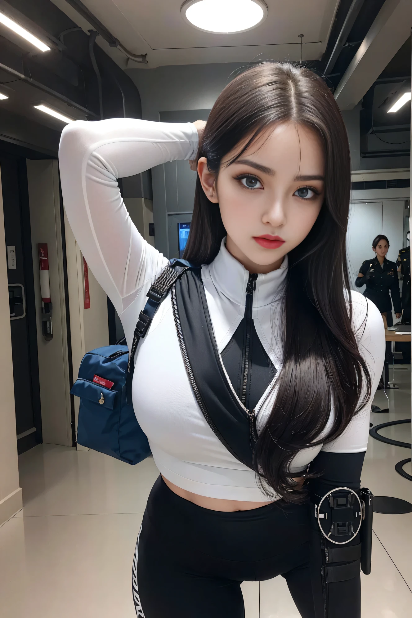 (masterpiece), (best quality:1.0), (ultra highres:1.0), portrait, 1 girl, detailed beautiful (wet) skin, face focus, tomboy, skinny, very long colorful hair, norway face, wallpaper 8k, beautiful woman, cosplay makeup, tight leggings, full body, caucasian face, white room background, sit on gaming chair, rainbow color suit,