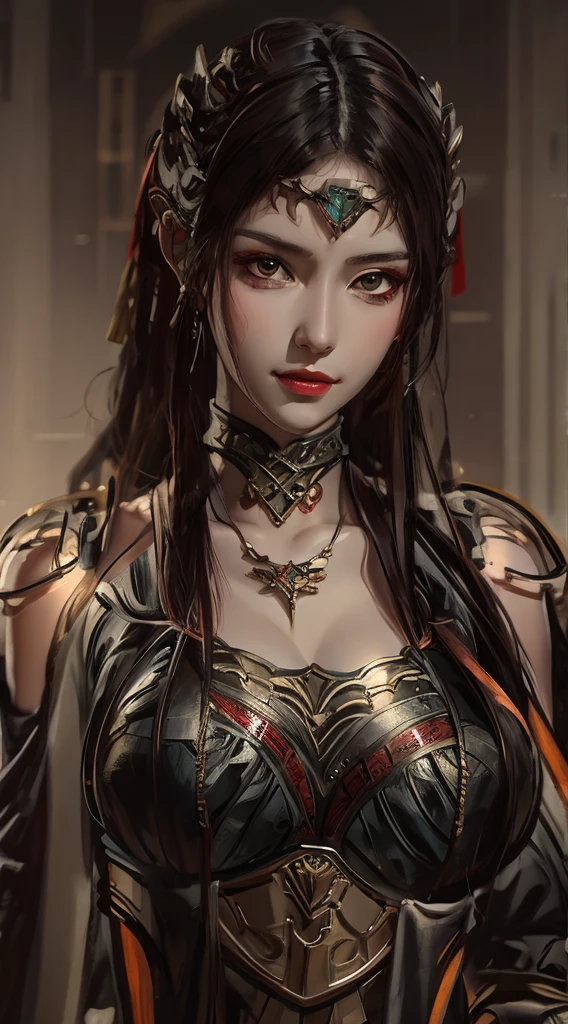 This is an artistic digital illustration portraying the bust of a female figure with cybernetic enhancements and an elaborate mechanical headdress. The figure's facial expression is passive yet intense, with striking red eyes and blue makeup accentuating her features against the contrasting cool metallic tones of the machinery. Rich in detail, the artwork blends organic and mechanical aesthetics, combining smooth human skin with intricate gears, wires, and dripping,  Chinese aesthetic landscape on a white background as an RPG game asset, unreal engine, 
