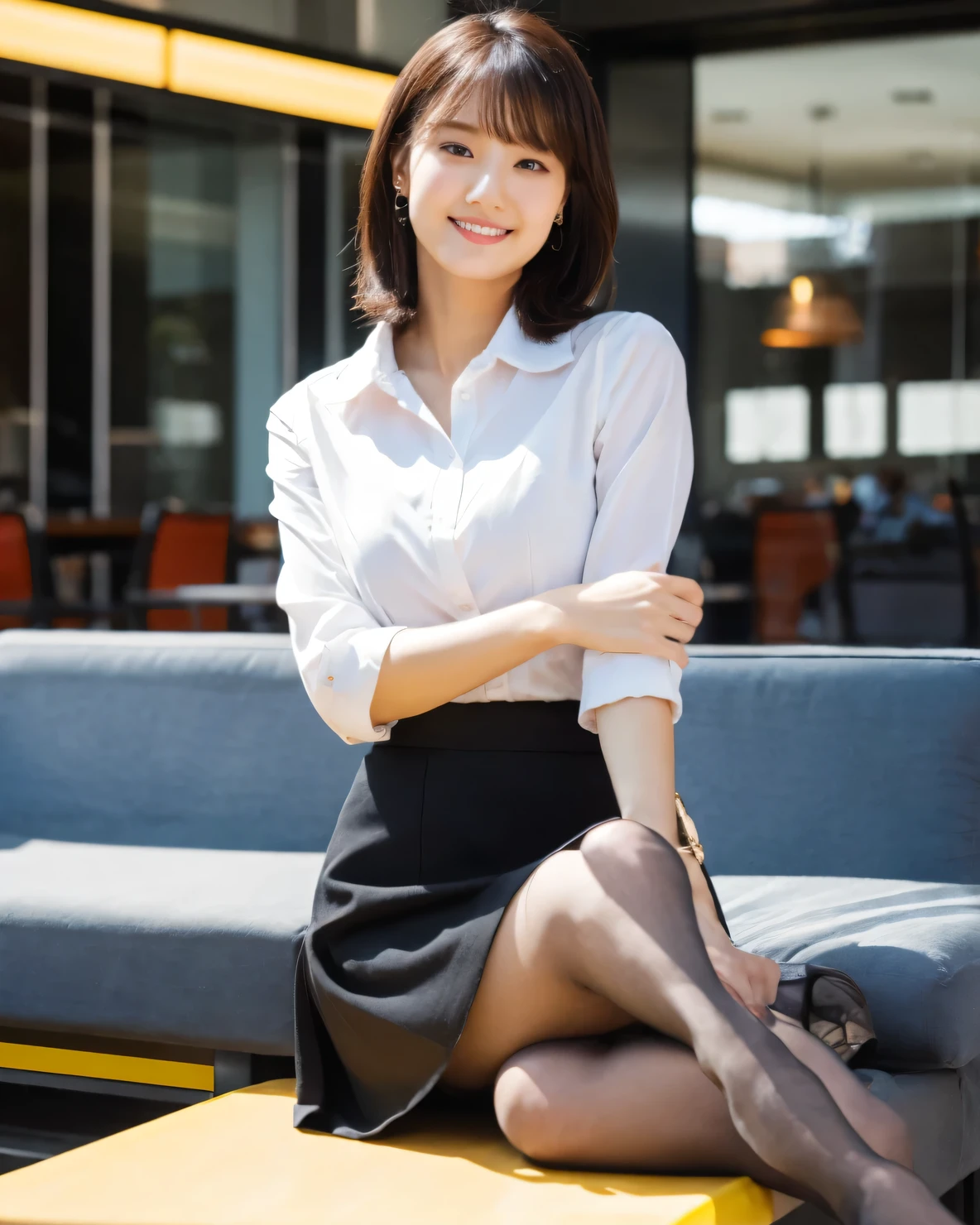 Araffe asian woman sitting on a bench in a white shirt and black skirt ...