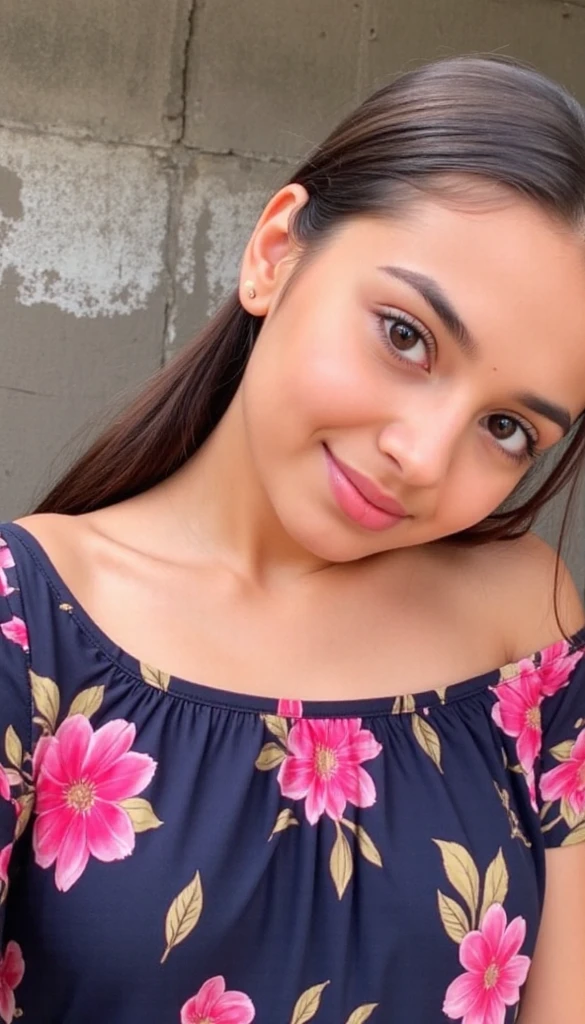 (Emily01), RAW photo, a close up portrait, elguru, 15yo, brown_hair, eyelashes, forehead, hair_bun, hair_pulled_back, lips, looking_at_viewer, ponytail, blue_eyes, lips, wearing a dress, photo_\(medium\), photorealistic, realistic, smile, solo, (high detailed skin:1.2), 8k uhd, dslr, cinematic lighting, high quality, film grain, Fujifilm XT3,