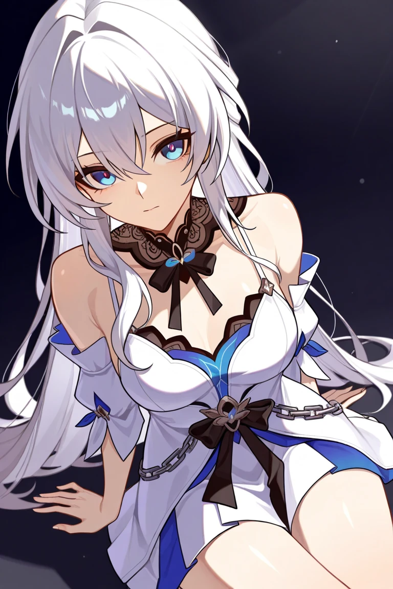 1girl, anime, cute girl, blank background, white background, fantasy, detailed dark fantasy dress with highlights, beautiful face, beautiful eyes, dark colors, silver hair, slightly small breasts, slight cleavage, beautiful skin, cute, breast curtains, extremely delicate and beautiful, (beautiful detailed face:1.0), (detailed deep eyes), symmetrical breasts, deep eyes, shiny skin, portrait, slender waist, hips wider than shoulders, thighs, young girl, expressionless, luminous eyes