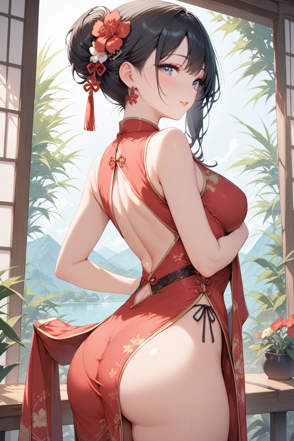 1female,36 years old,熟妇,mature,Bigchest,Big breasts Thin waist,long leges,Raised sexy,Pornographic exposure, 独奏,(Background with:Chinese restaurant,inside in room) She has short black hair,standing on your feet,Sweat profusely,drenched all over the body,seen from the front, hair straight, mostly cloudy sky,(((tmasterpiece),(Very detailed CG unity 8K wallpaper),best qualtiy,cinmatic lighting,detailed back ground,beatiful detailed eyes,Bright pupils,(Very fine and beautiful),(Beautiful and detailed eye description),Black eyes,Redlip,ultra - detailed,tmasterpiece,)),facing at camera,(The upper part of the body),A high resolution,ultra - detailed),revealing breasts,Bare genitalia, Bulge,legs are open,sexyposture,Camel toes,Flushed complexion,Open-mouthed,frontage,Chinese samurai,double bun hair,Lotus hair ornaments(Wearing:Red cheongsam,Gold wire embroidery)