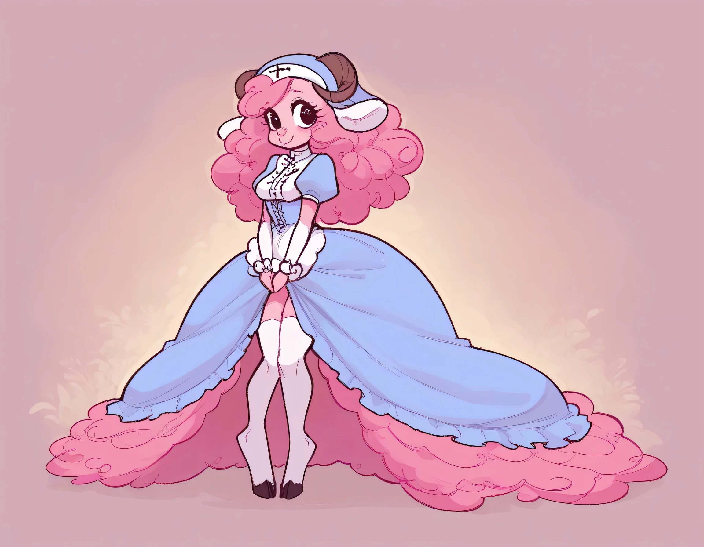 best quality, very detailed illustration , solo, ( Anthropomorphic furry sheep:1,7) , ruffled voluminous bouncy hair , playful look, delgado, ideal body, thin waist , wide hips, simple drawing, Artifyber style , pastel flat colors , beautiful, cartoon ,solo, short curly pink hair, nun outfit, long dress with frills, a smile, fluffy curly tail, sheep ears, bell collar, hooves, ram horns, princess