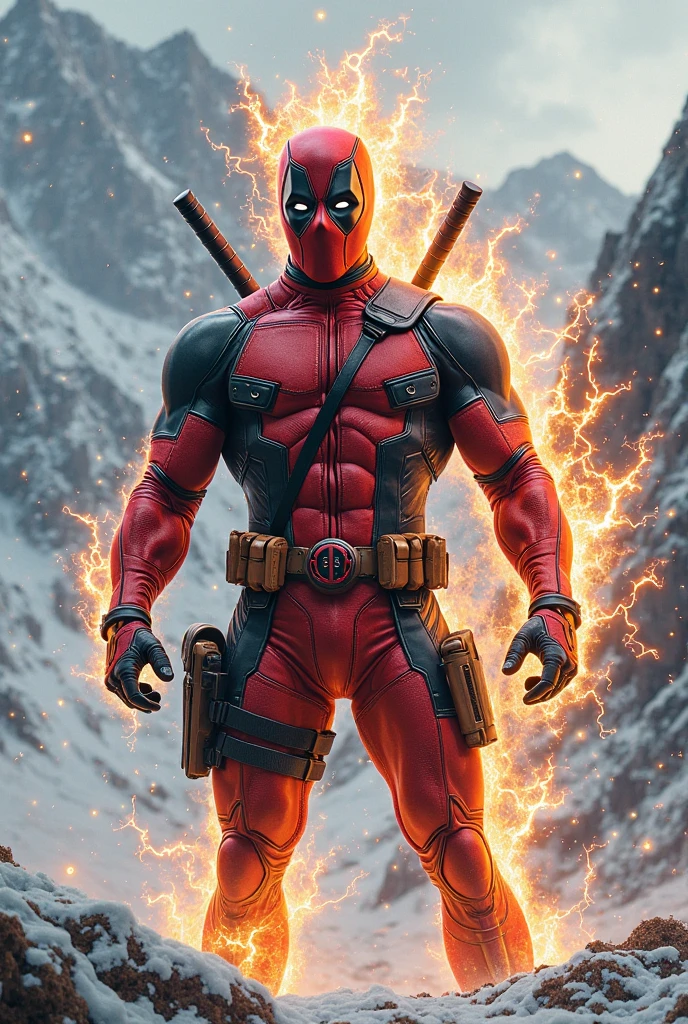 Deadpool should appear just as he does in the movies, with his classic red and black suit, without any horns or altered features. He will be holding a video game controller in his right hand and pointing with his left hand towards the World Games logo, maintaining his iconic, irreverent posture. Wolverine, on the right side, will be in a battle stance, with his claws glowing in blue neon.