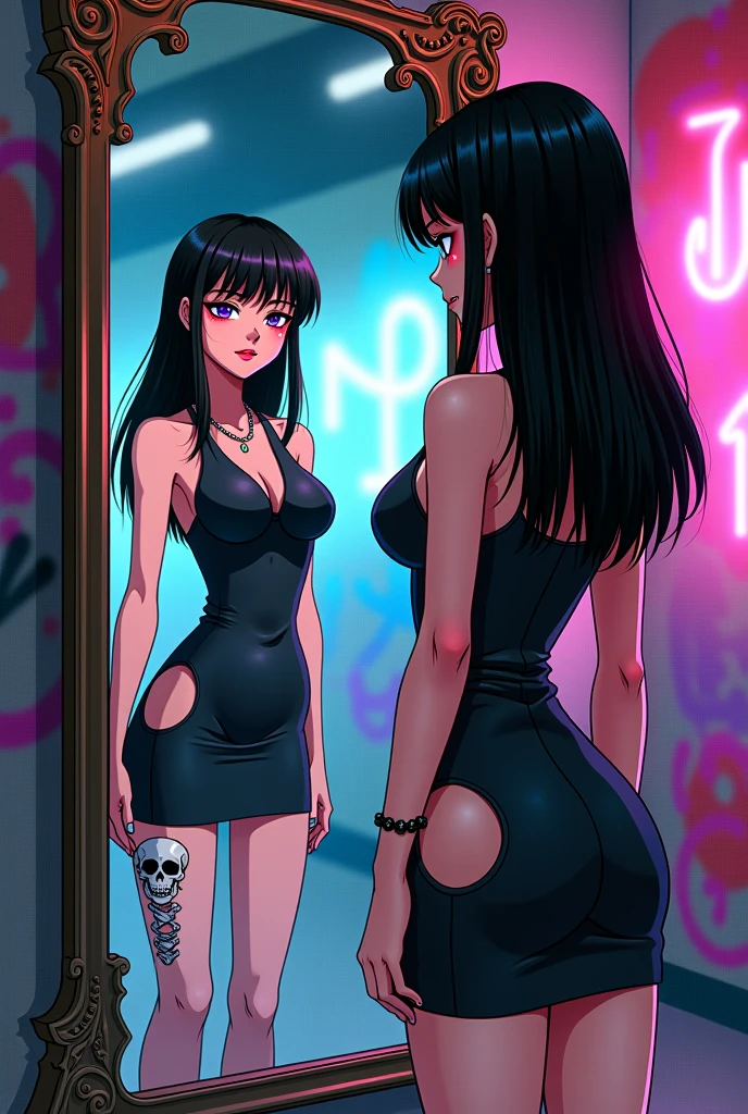 (anime, masterpiece, intricate:1.1), summer aestetic background, comics_darkstalkers_morrigan_aensland, Slender hips, slim stomach, thin waist, sexy posing, back view, aesthetically pleasing rear view, right image only, looking at viewer, medium breasts, slim body, violet hair, violet eyes, skimpy black dress, long hair, black garter stockings, very short mini skirt, lingerie, heart shaped earrings, girly decorations, solo, flowers, modest smile, bright red lipstick, painted nails (red), from behind