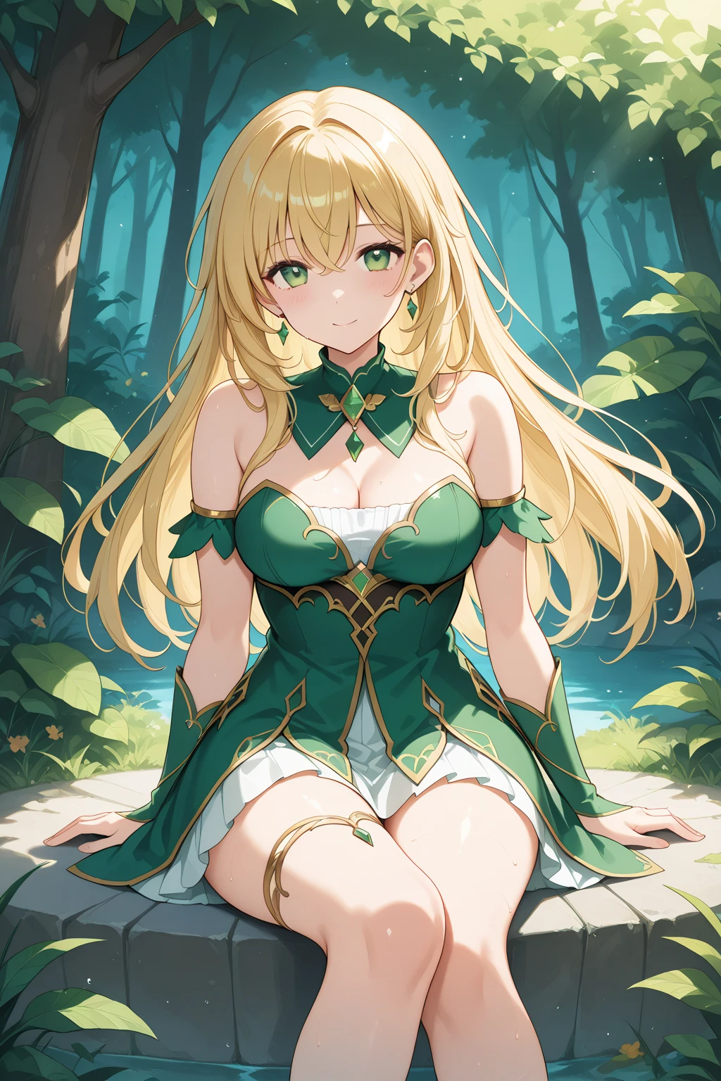 One girl,lease,Green shoulder armor, sweating,blush,vapor, Cleavage,Wet body, Inverted hair,Underarm,greasy Underarm,smooth Underarm,in the forest,Sitting on a tree stump,Crossing your legs,From below