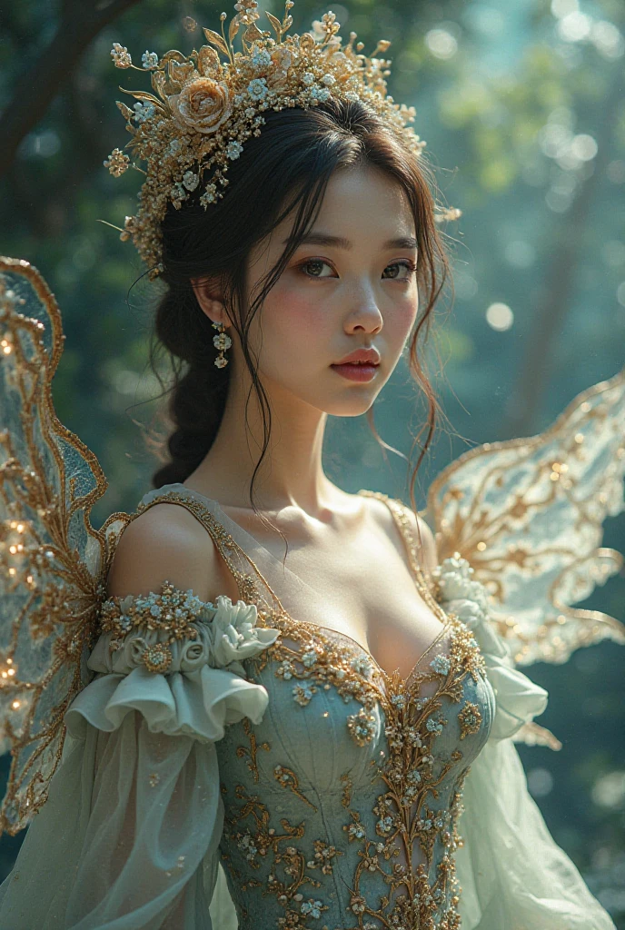 (Fashion Model)、Natural standing posture、bust、Beautiful Face、Beautiful hairstyle、short hair, Exposing shoulders、beautiful goddess,softly illuminated、colored feather, Very detailed, Translucent clothing,Standing in the space between celestial bodies,Sparkly dots、Ethereal、 (Earrings: 1.4), (feather: 1.4)、(Fractal Art: 1.1), (colorful: 1.1) (Flowers: 1.3), (metal ornaments)、 (masterpiece, Highest quality)、