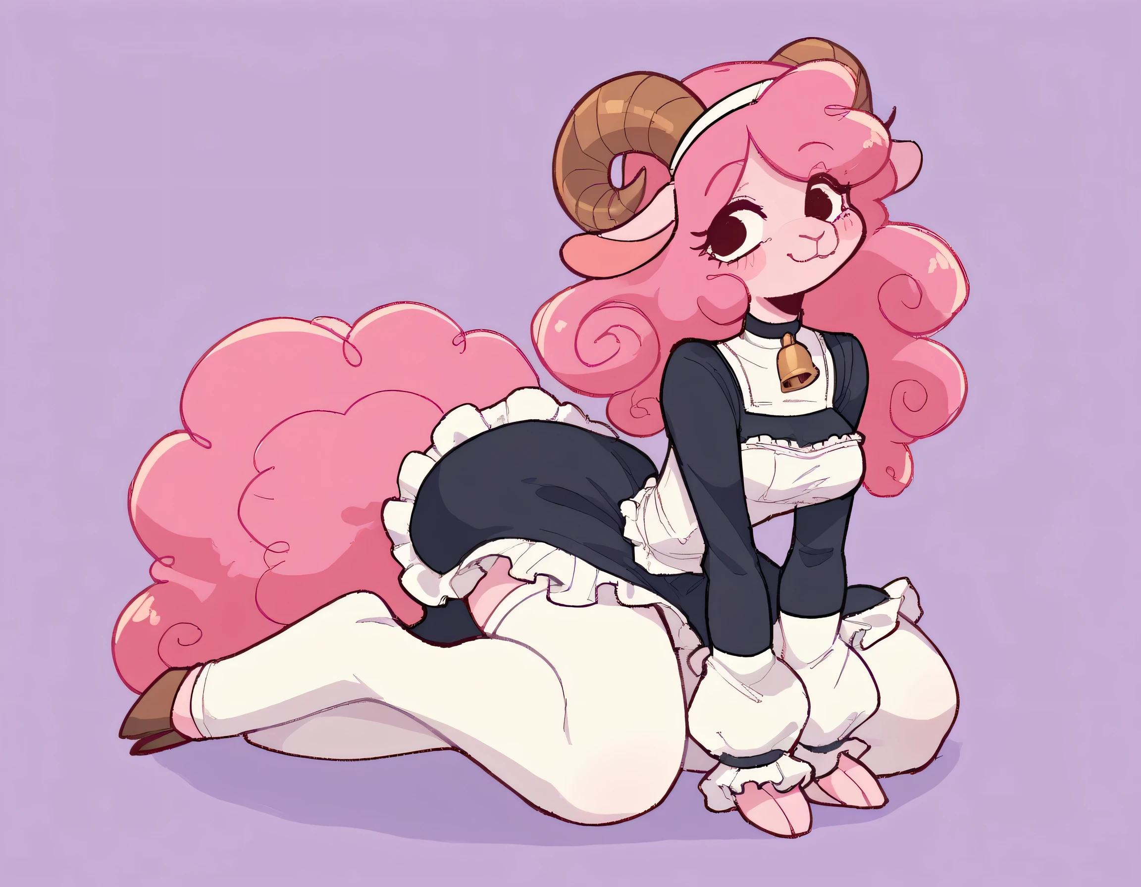 best quality, very detailed illustration , solo, ( Anthropomorphic furry sheep:1,7) , ruffled voluminous bouncy hair , playful look, delgado, ideal body, thin waist , wide hips, simple drawing, Artifyber style , pastel flat colors , beautiful, cartoon ,solo, short curly pink hair, nun outfit, long dress with frills, a smile, fluffy curly tail, sheep ears, bell collar, hooves, ram horns, princess