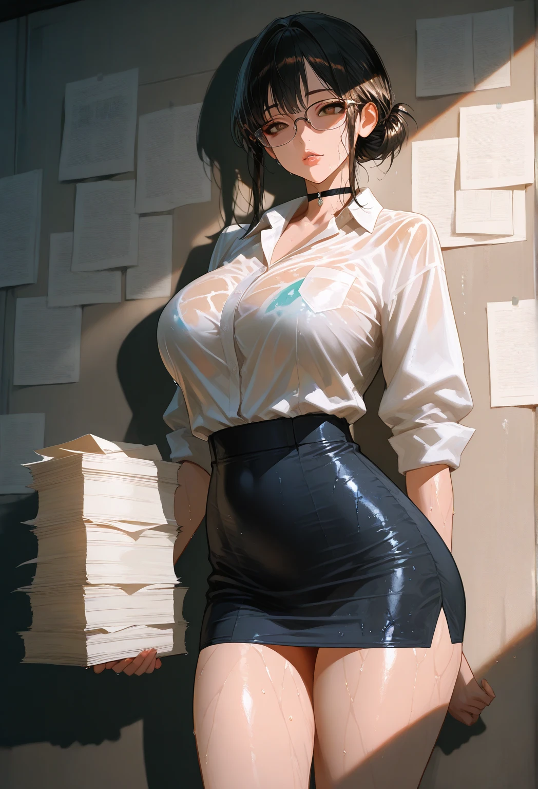 Green hair, long hair, back view detailed body, long belly , Slender body, tight body , thicc, huge breast , long thighs, masterpiece,best quality, official art, extremely detailed CG unity 8k wallpaper, ((top quality, 8k, masterpiece: 1.3, ultra hd, high quality, best quality, high definition, ((realism)), sharp focus: 1.5,(Very detailed CG unity 8K wallpaper), Dark Cinematic Lighting, cinematic lighting, large breasts, eaty face, seductive smile, earrings, Looking at the viewer, embarrassed, shy, blushing, , short hair, front view, wearing formal shirt white, dress tug, black skirt, night backgrounds, showing ass,sfw