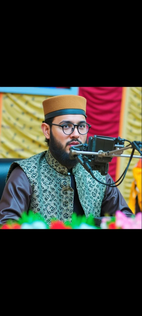 Dark green background with additional mosque accents, clouds, a little light on the shoulders and head of the photo.