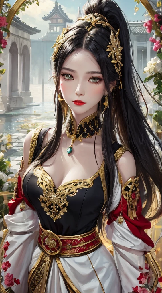 A masterpiece in the style of ancient Wei Zi，white skinned，Muscular beauty，Close-up of a woman with black hair，red and black dress，mistic，Antique rhyme，Exquisite epic character art，Presenting stunning aesthetics and antique atmosphere，The delicate brushstrokes and depth of field in the picture make you immersed in the scene，Asian architecture，