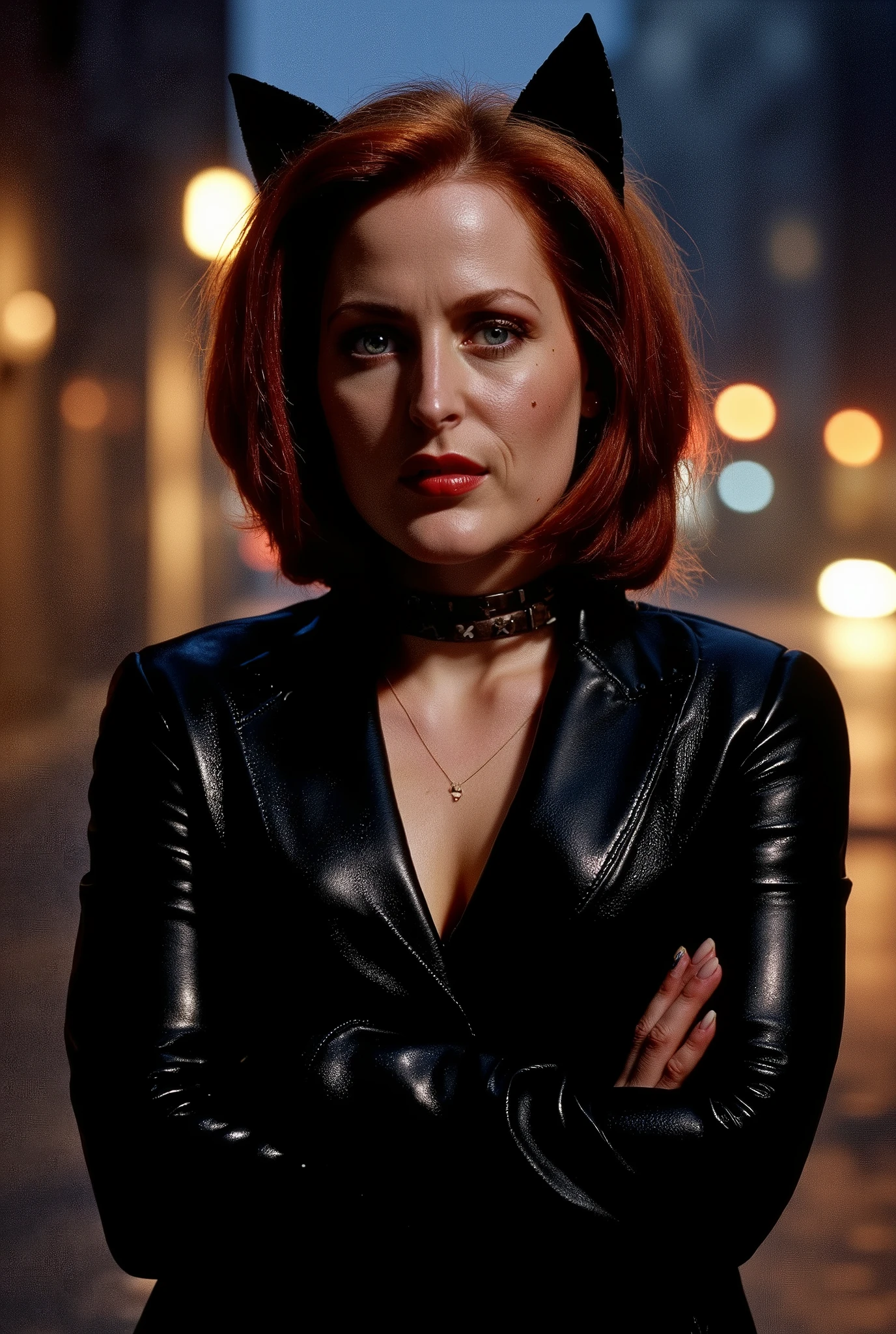 a realistic photo of young Dana Scully in a catwoman outfit, red hair, black tight catwoman outfit, fake cat ears, (low-cut neckline), (small breasts), night, empty street, cinematic lighting, perfect anatomy, high quality, photorealism 8k, soft shadows, 8k uhd , dslr, (no t-shirt), (no blouse), (deep cleavage)
