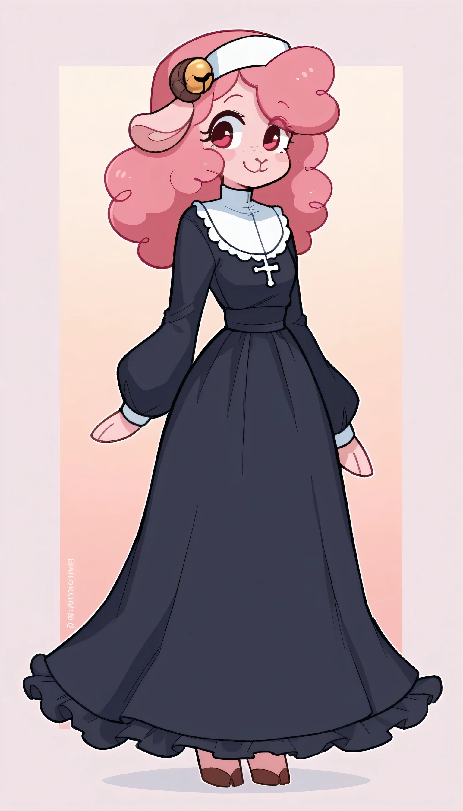 best quality, very detailed illustration , solo, ( Anthropomorphic furry sheep:1,7) , ruffled voluminous bouncy hair , playful look, delgado, ideal body, thin waist , wide hips, simple drawing, Artifyber style , pastel flat colors , beautiful, cartoon ,solo, short curly pink hair, nun outfit, long dress with frills, a smile, fluffy curly tail, sheep ears, bell collar, hooves, ram horns, princess