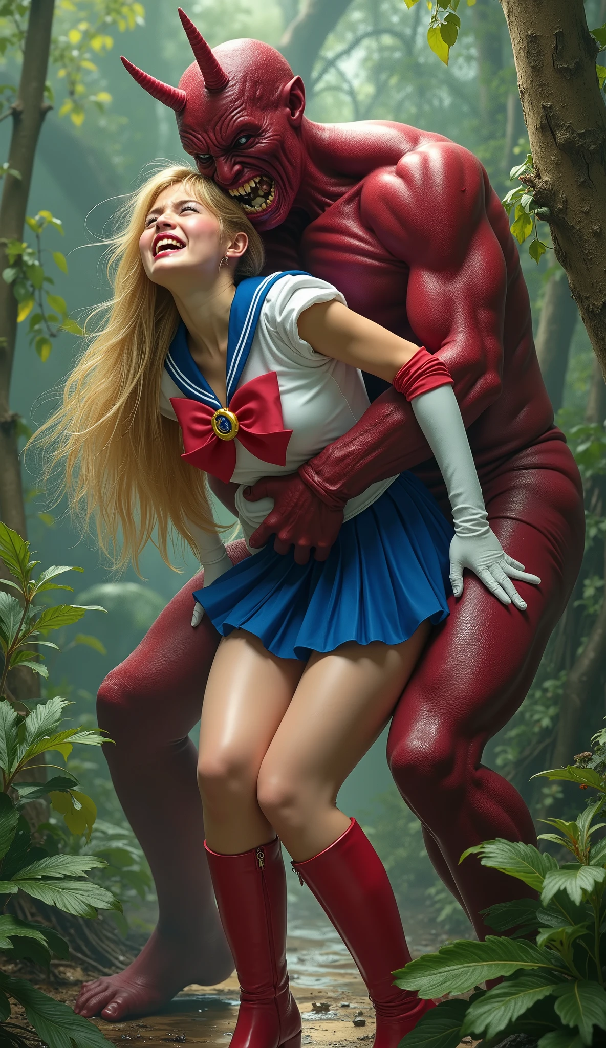 Hyperrealism, masterpiece, highest quality, A young Japanese woman is bending down and hugging from behind by a devil, ((she is crying and screaming in pain)), tears from her eyes, painful face, she is wearing a Sailor Moon costume, Blue sailor collar, Blue short mini pleated skirt, she is wearing a very short blue mini pleated skirt, (upskirt:1.8), Long white gloves, shiny beige color pantyhose, Exposed thighs, red long boots, big choker, long blonde Hair, a devil is standing sexual assault her from behind, the devil is hugging her tightly and push his private part into her body, in the jungle,