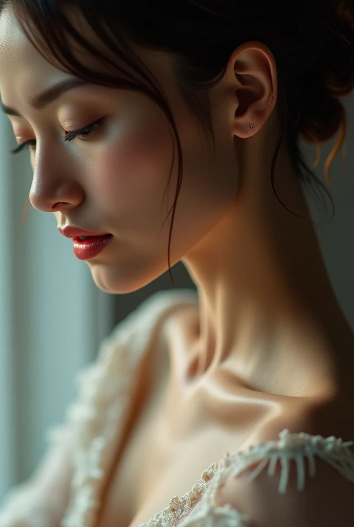 An elegantly dressed Japanese woman in natural light、A close-up of her chest and calm expression.、It shows her inner peace and outer charm.。NSFW.Completely naked
