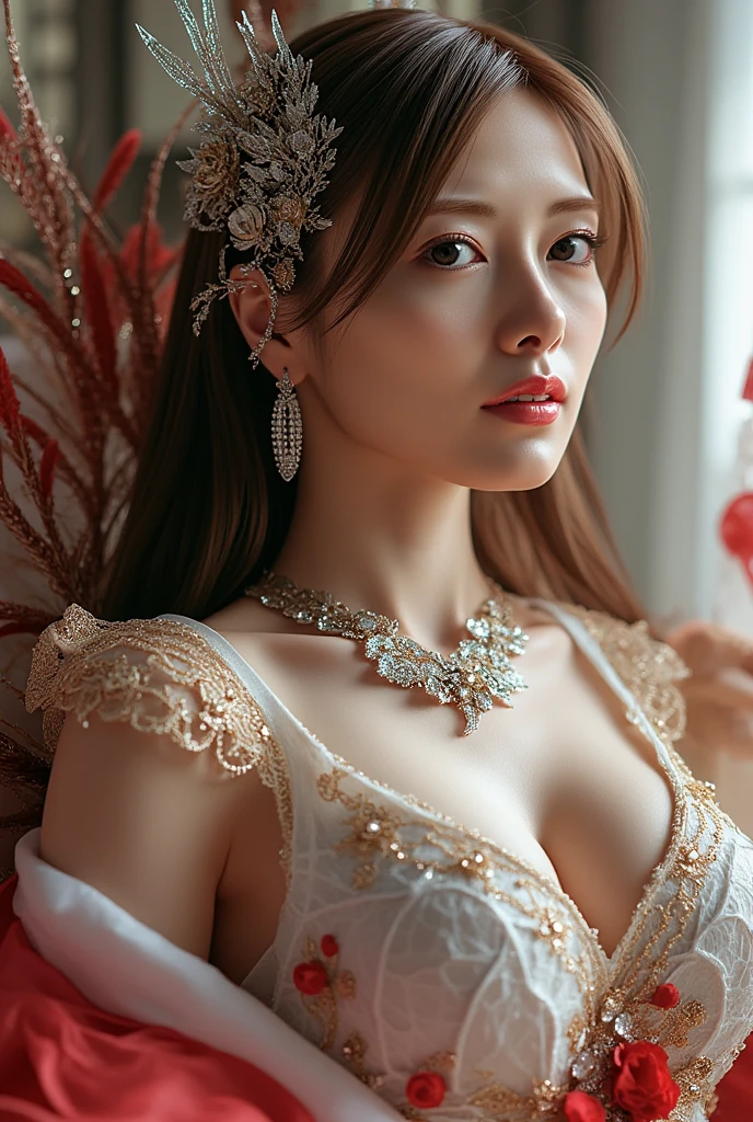 (best quality,realistic:1.37),ultra-detailed,professional,portrait,studio lighting,a woman in a long sheer skirt, detailed eyes, detailed lips, sensual posing, graceful, elegant, soft lighting, flowing fabric, ethereal, fine details, delicate features, feminine, enchanting, sophisticated colors, subtle contrasts, dreamlike atmosphere, romantic ambiance, high-res, vivid colors, beautiful composition