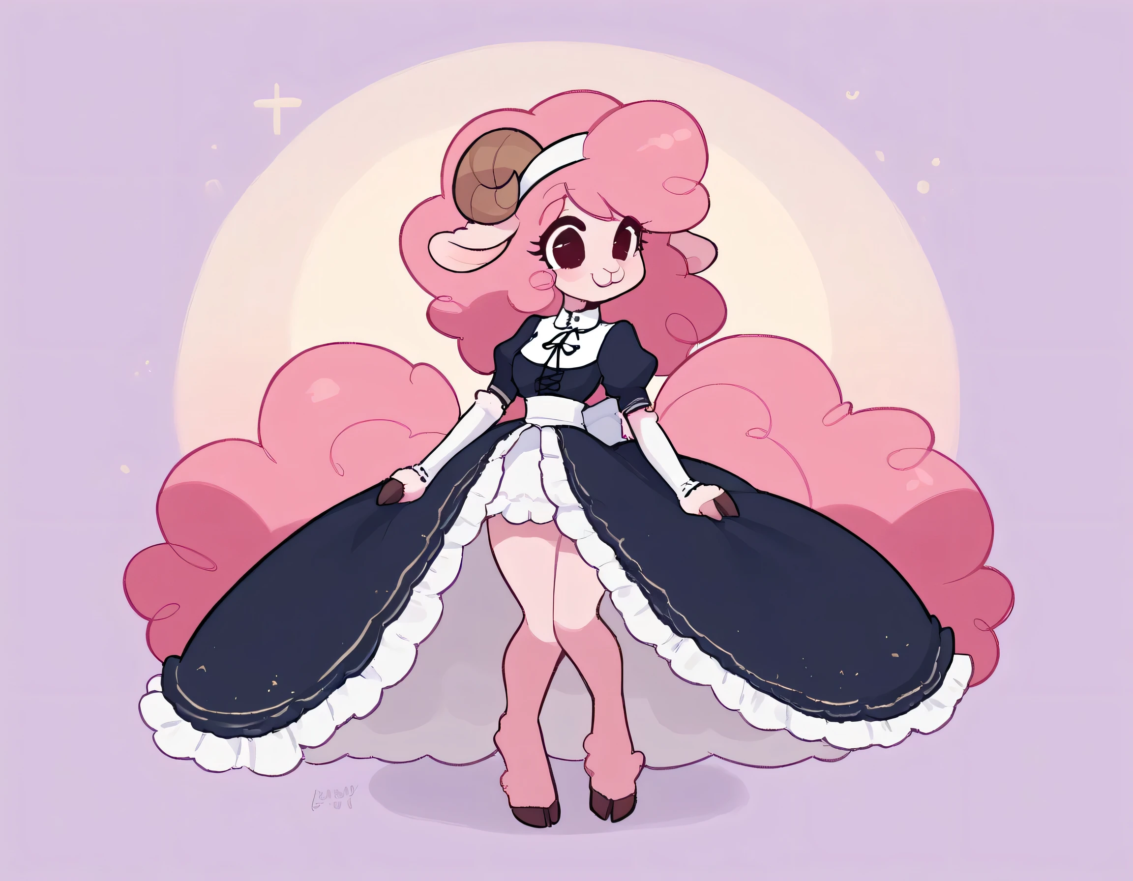 best quality, very detailed illustration , solo, ( Anthropomorphic furry sheep:1,7) , ruffled voluminous bouncy hair , playful look, delgado, ideal body, thin waist , wide hips, simple drawing, Artifyber style , pastel flat colors , beautiful, cartoon ,solo, short curly pink hair, nun outfit, long dress with frills, a smile, fluffy curly tail, sheep ears, bell collar, hooves, ram horns, princess