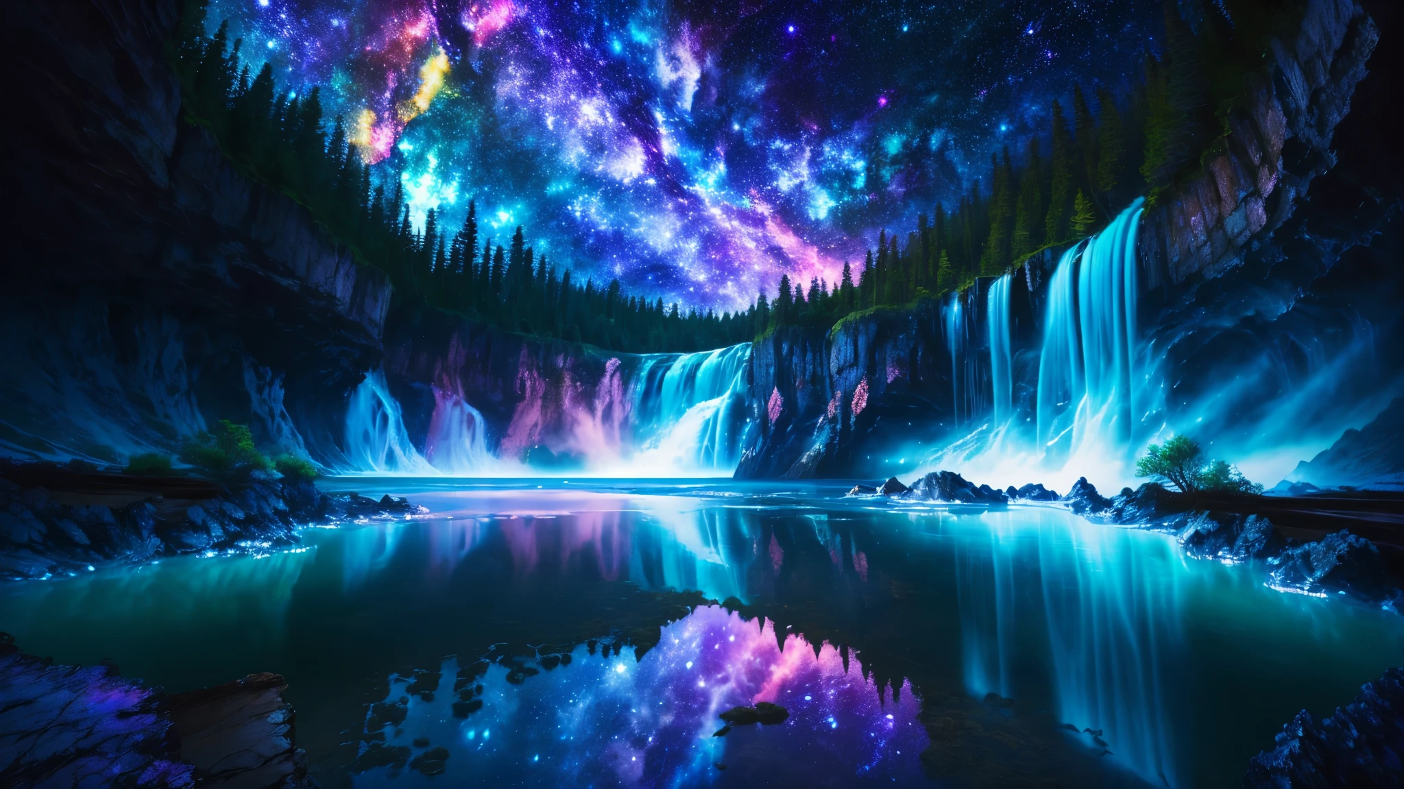 Majestic Atmosphere ,Vast Sky,( very beautiful artistic watercolor painting ), beautiful nature ,Very big and beautiful sky,\(( very elaborate and beautiful galaxy reflection:1.4)\),(many waterfalls lined up),Lots of Flow,Glowing moss ,shining rock face,fantasy,twinkling mystical light ,reflection, quality\(8k, very detailed傑作, high resolution,top- quality,super real for instructions, increase resolution , RAW photo ,beste quality, very detailed \)