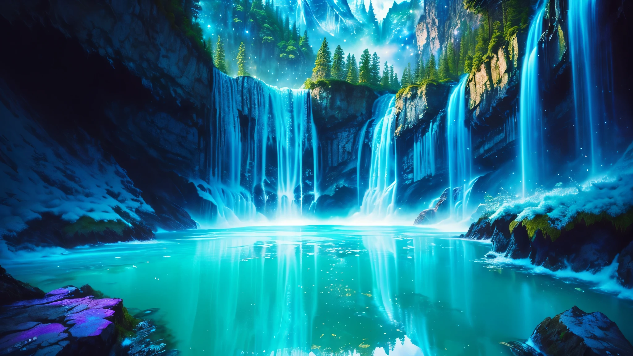 Majestic Atmosphere ,Vast Sky,( very beautiful artistic watercolor painting ), beautiful nature ,Very big and beautiful sky,\(( very elaborate and beautiful galaxy reflection:1.4)\),(many waterfalls lined up),Lots of Flow,Glowing moss ,shining rock face,fantasy,twinkling mystical light ,reflection, quality\(8k, very detailed傑作, high resolution,top- quality,super real for instructions, increase resolution , RAW photo ,beste quality, very detailed \)