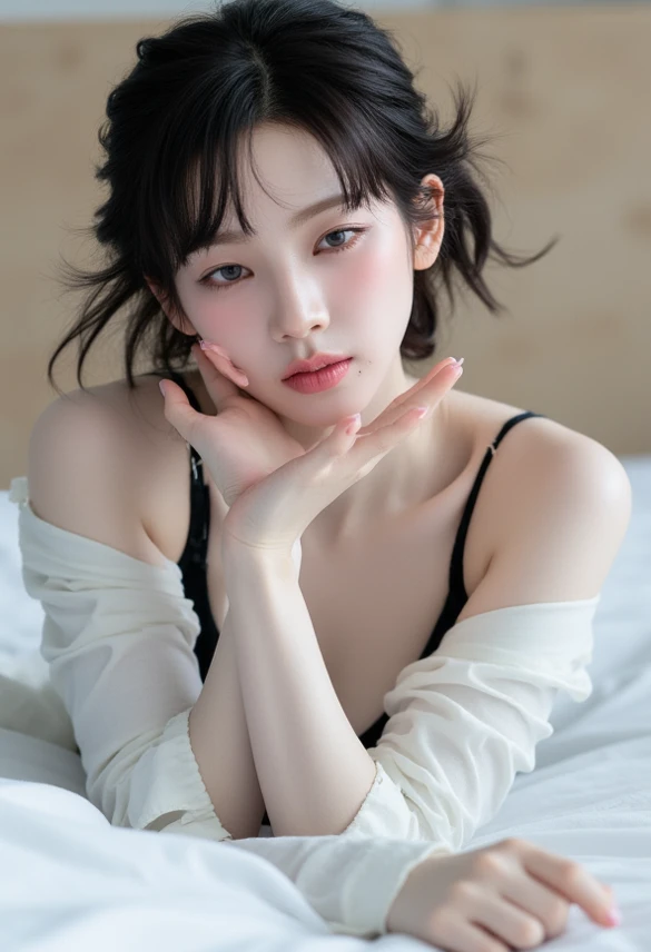 random pose, mix 4, (8K, Raw photo, highest quality, masterpiece: 1.45), (realistic, photorealistic: 1.37), one girl, cute, professional lighting, photon mapping, Physically based rendering, gradient black hair, girl, Silk nightgown so thin it's almost transparent, highest qualityの写真, High resolution, 1080p, (clean face), (Detailed facial description), (Detailed hand explanation), (masterpiece), (Detailed CG), extreme light and shadow, messy hair, master work, Rich details, (detailed facial features), (highest qualityの写真), (masterpiece), thin clavicle, on the bed,From above、braided、((sitting on the bed:1.4))、off shoulder、round glasses、((close your eyes:1.4))、(open your mouth a little:1.3)