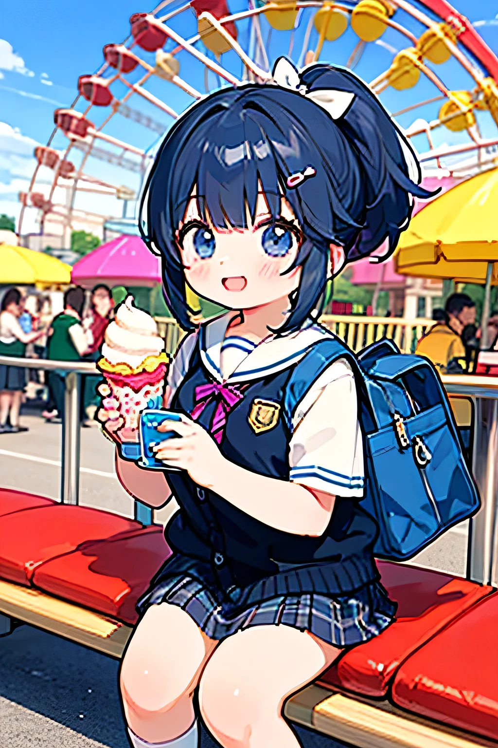 Highest Quality、high resolution、(high image quality:1.3)、masterpiece、detailed background、very detailed face、detailed eyes、age beauty、huge breasts、(Normal number of fingers:1.3)、anatomically correct、perfect body line、Bright-colored hair、ponytail、Braided bob cut、fun atmosphere、big smiles、The pop and colorful atmosphere unique to amusement parks and the freshness of uniforms、Under the clear blue sky、A group of high school friends having fun playing at an amusement park、in uniforms while smiling in front of roller coasters and merry-go-rounds、Hold up your smartphone and take a selfie、with a skirt and hair that flutters in the wind with the ferris wheel in the background、with colorful balloons and ice cream in their hands、capture moments full of smiles on camera while capturing moments full of smiles on camera、 navy sailor suit 、wearing a thin cardigan、Attach a character key chain to a pink or blue ribbon、plaid pleated skirt、white high socks and loafers、matching hairpins with your friends、tote bag、cute