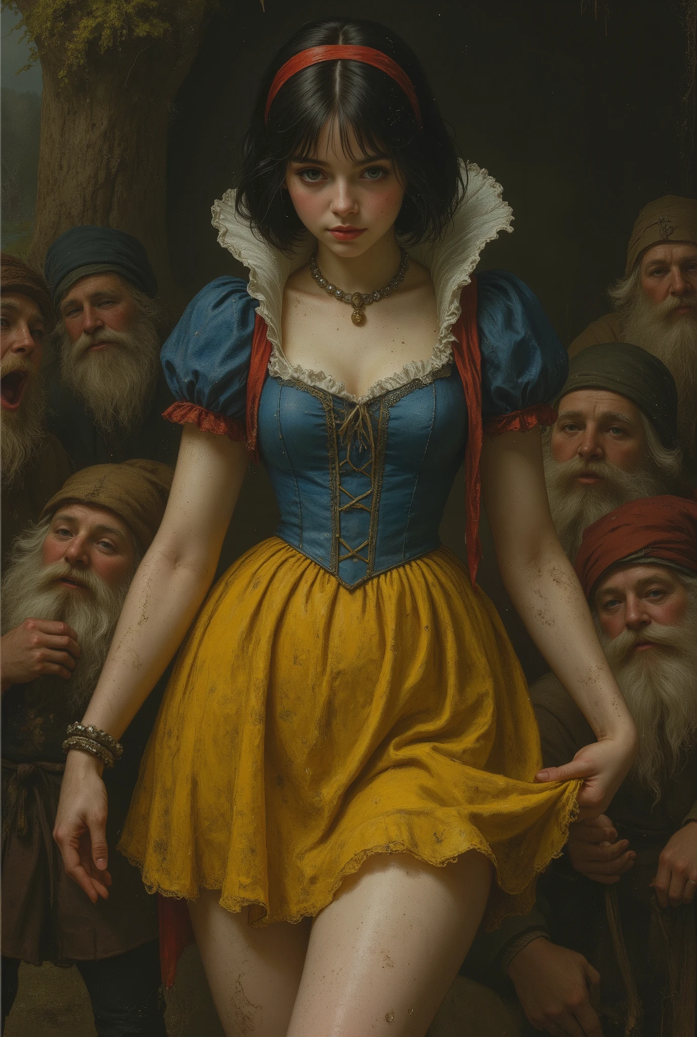((NSFW))
rmbt,
18th century,
one girl, seven men,
young Snow White, Snow White gang-raped by seven dwarfs,
everyone says Snow White is slutty,
she has short black bob hair with red ribbons,
she has snow-white skin,
she wears a blue bodice and a yellow miniskirt,
her dress is worn and dirty,
she opens her bodice to show the dwarfs her breasts,
the dwarfs laugh as they see Snow White open her bodice,
Snow White's skirt is her body is cut short,
the front of Snow White's bodice is slashed vertically exposing her nipples and navel,
Snow White's upper body is naked and her nipples are visible,
Snow White has become so lustful that she will have sex with anyone,
Snow White spreads her legs wide in front of the dwarfs to show them her black, rotten pussy,
the dwarfs thrust into Snow White's vagina one after another,
Snow White's clothes are disheveled and torn,
the seven dwarfs are very lustful and rape Snow White multiple times,
a cave deep in the forest is the home of the seven dwarfs and Snow White,