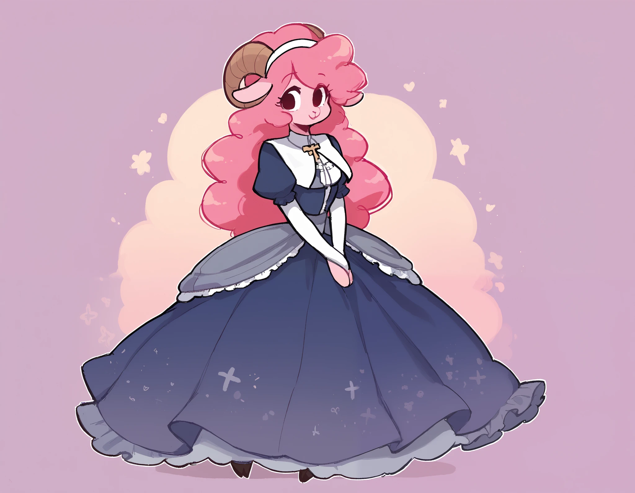 best quality, very detailed illustration , solo, ( Anthropomorphic furry sheep:1,7) , ruffled voluminous bouncy hair , playful look, delgado, ideal body, thin waist , wide hips, simple drawing, Artifyber style , pastel flat colors , beautiful, cartoon ,solo, short curly pink hair, nun outfit, long dress with frills, a smile, fluffy curly tail, sheep ears, bell collar, hooves, ram horns, princess