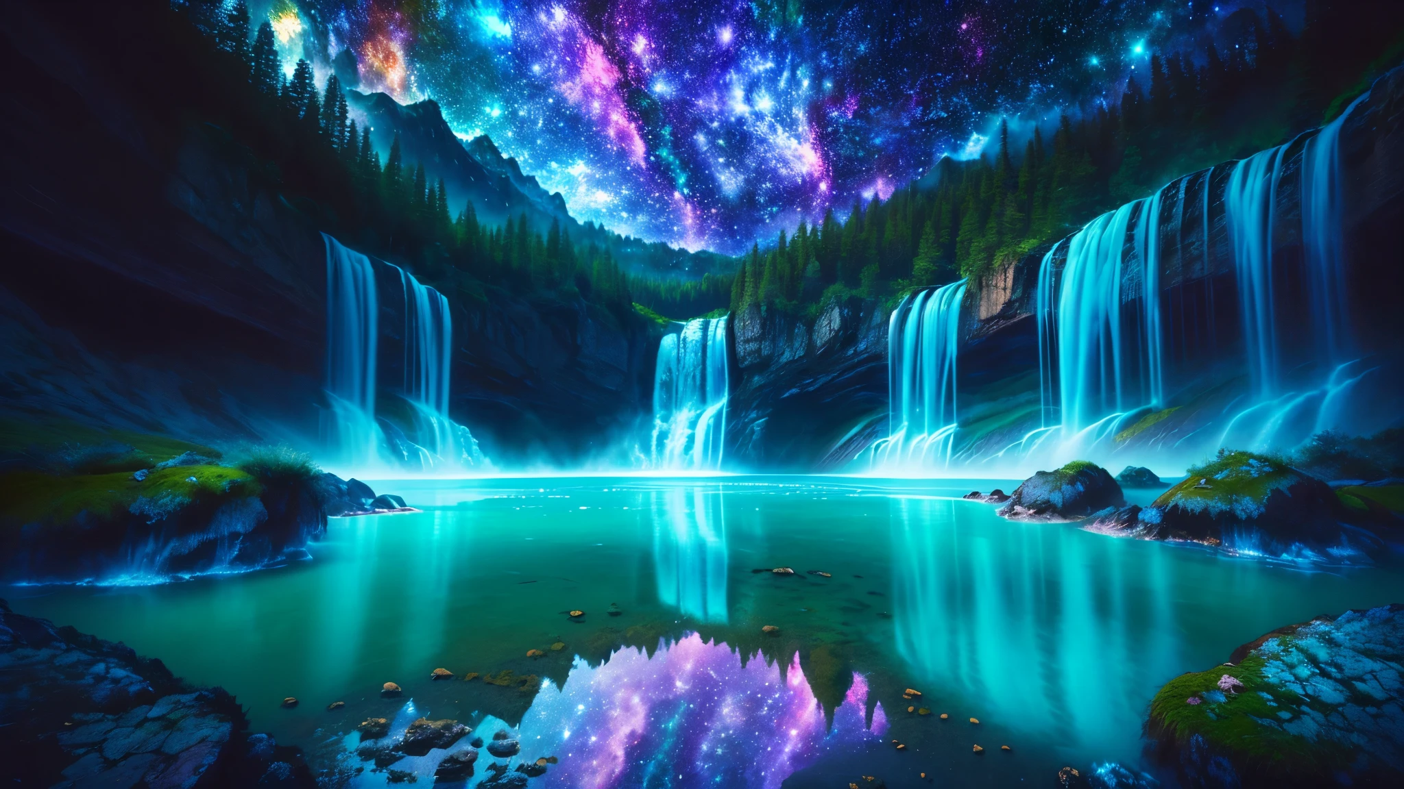 Majestic Atmosphere ,Vast Sky,( very beautiful artistic watercolor painting ), beautiful nature ,Very big and beautiful sky,\(( very elaborate and beautiful galaxy reflection:1.4)\),(many waterfalls lined up),Lots of Flow,Glowing moss ,shining rock face,fantasy,twinkling mystical light ,reflection, quality\(8k, very detailed傑作, high resolution,top- quality,super real for instructions, increase resolution , RAW photo ,beste quality, very detailed \)