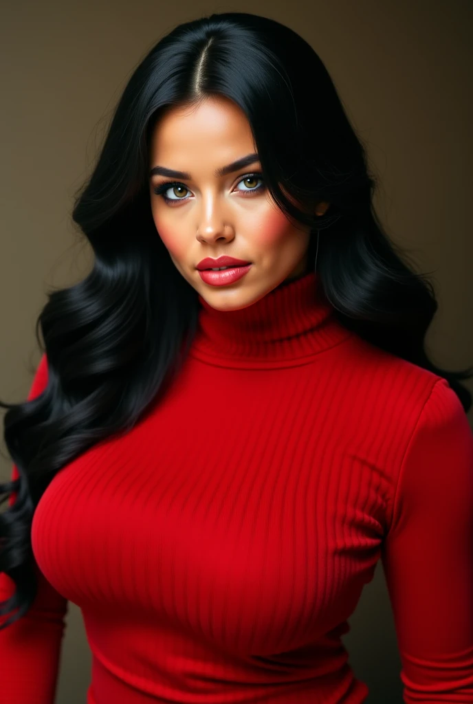 fashion portrait photo of beautiful anitaherbert wearing a red turtleneck, epicphoto, black hair, long hair <lora:anitaherbert:0.8>