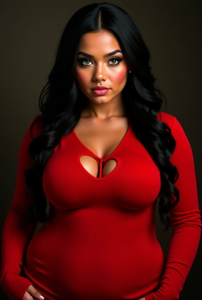 A thick brunette woman, dark red box braids in hair, Big butts, Waist slender, breasts big, blue eyes potato nose. She wears a long red dress with little cleavage..