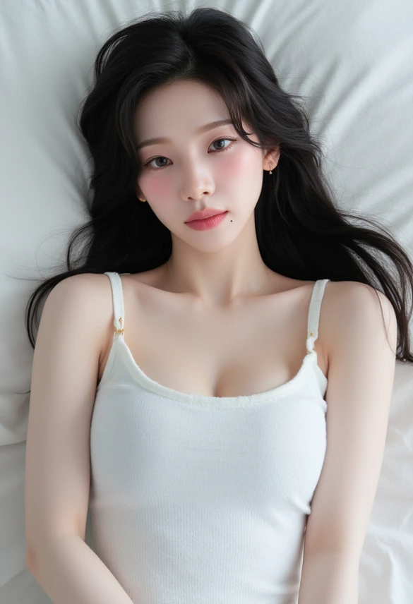 (((25 year old Korean girl wearing a white vest))), ((Hazel Eye Color, Pale skin, Bright skin, Flawless skin)), (((Perfect 36C breasts, Perfect ideal body))), (((Close your eyes))), (((open mouth))), ((Stick out your tongue)), (((Surreal, Extremely fine details, Realistic People, HDR10+, Dolby Vision, Golden Ratio))), (((Sleep on mattresses))), (((View from above))), (((Unique Korean Faces, Long face shape, The wide forehead is clearly visible))), ((Dramatic, Movie))), Bedroom Background.