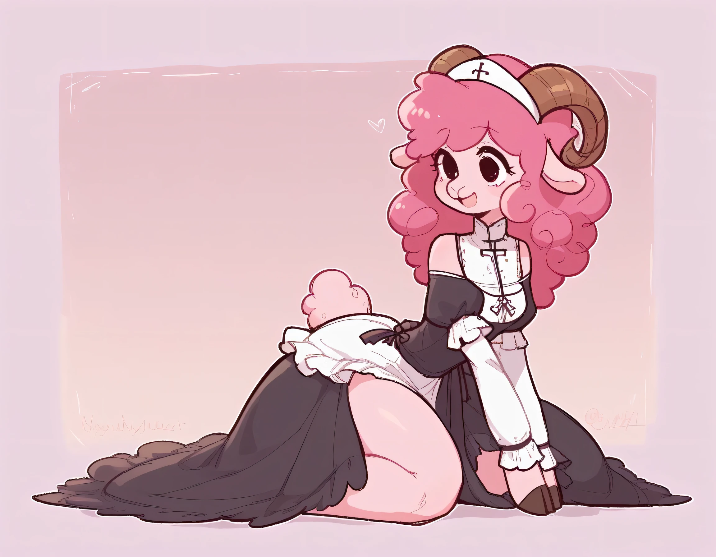 best quality, very detailed illustration , solo, ( Anthropomorphic furry sheep:1,7) , ruffled voluminous bouncy hair , playful look, delgado, ideal body, thin waist , wide hips, simple drawing, Artifyber style , pastel flat colors , beautiful, cartoon ,solo, short curly pink hair, nun outfit, long dress with frills, a smile, fluffy curly tail, sheep ears, bell collar, hooves, ram horns, princess