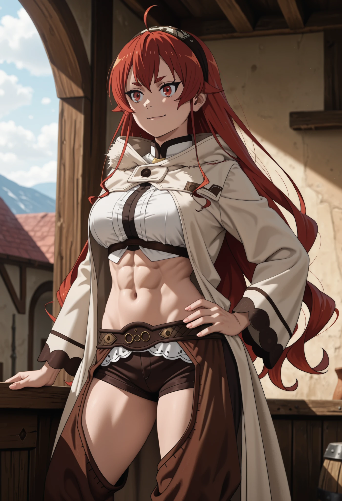 Eris Greyrat,sysdeep_eris,best quality, highres, absurdres, masterpiece, Adult_Eris, 1girl, mature woman , tall girl,red_hair, solo, long_hair, breasts, large_breasts, red_eyes, brown_chaps, brown_shorts, navel, hairband, brown_coat_white_fur, midriff, hand_on_hip, inner_thighs, badass, smile, abs , animescan