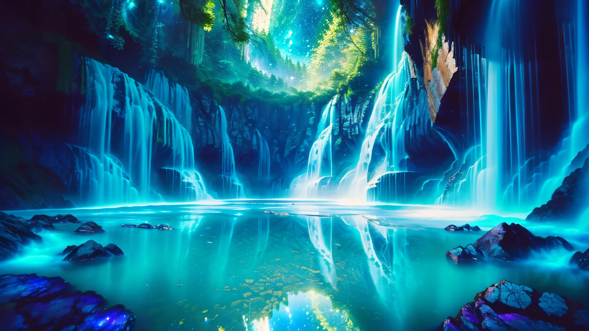 Majestic Atmosphere ,Vast Sky,( very beautiful artistic watercolor painting ), beautiful nature ,Very big and beautiful sky,\(( very elaborate and beautiful galaxy reflection:1.4)\),(many waterfalls lined up),Lots of Flow,Glowing moss ,shining rock face,fantasy,twinkling mystical light ,reflection, quality\(8k, very detailed傑作, high resolution,top- quality,super real for instructions, increase resolution , RAW photo ,beste quality, very detailed \)