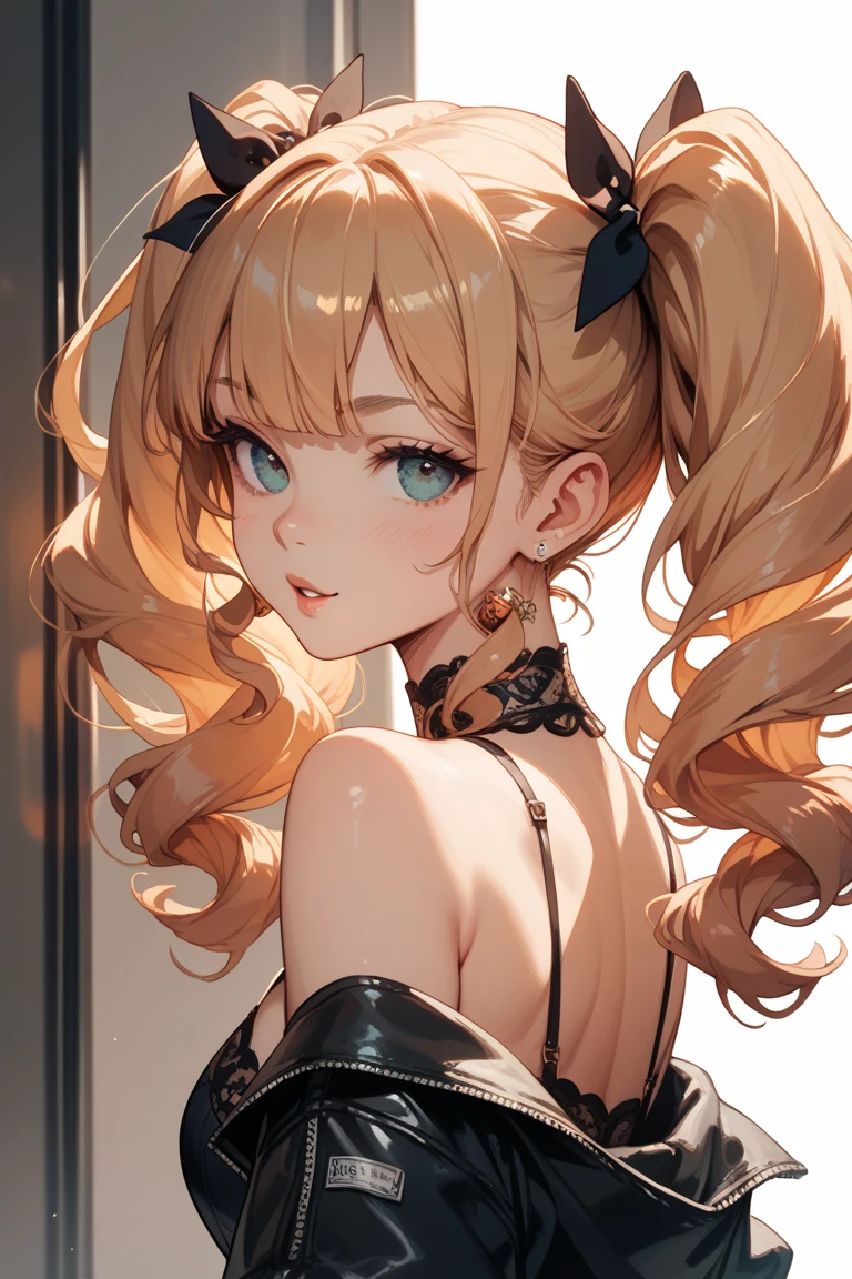 ((gyaru)), orange hair, green eyes, twintails, bust, breasts, mini skirt, black g-string, ((full lips)), big lips, ((masterpiece)), detailed, pink crop top, ((best quality)), ((luxury apartment)), big breasts, (pretty eyes), perfect face